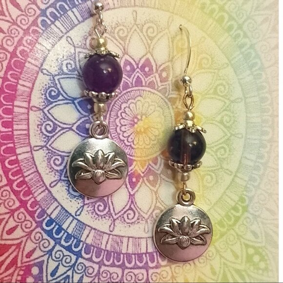 AMETHYST STONE EARRINGS, SILVERY LOTUS DANGLE - Picture 1 of 7